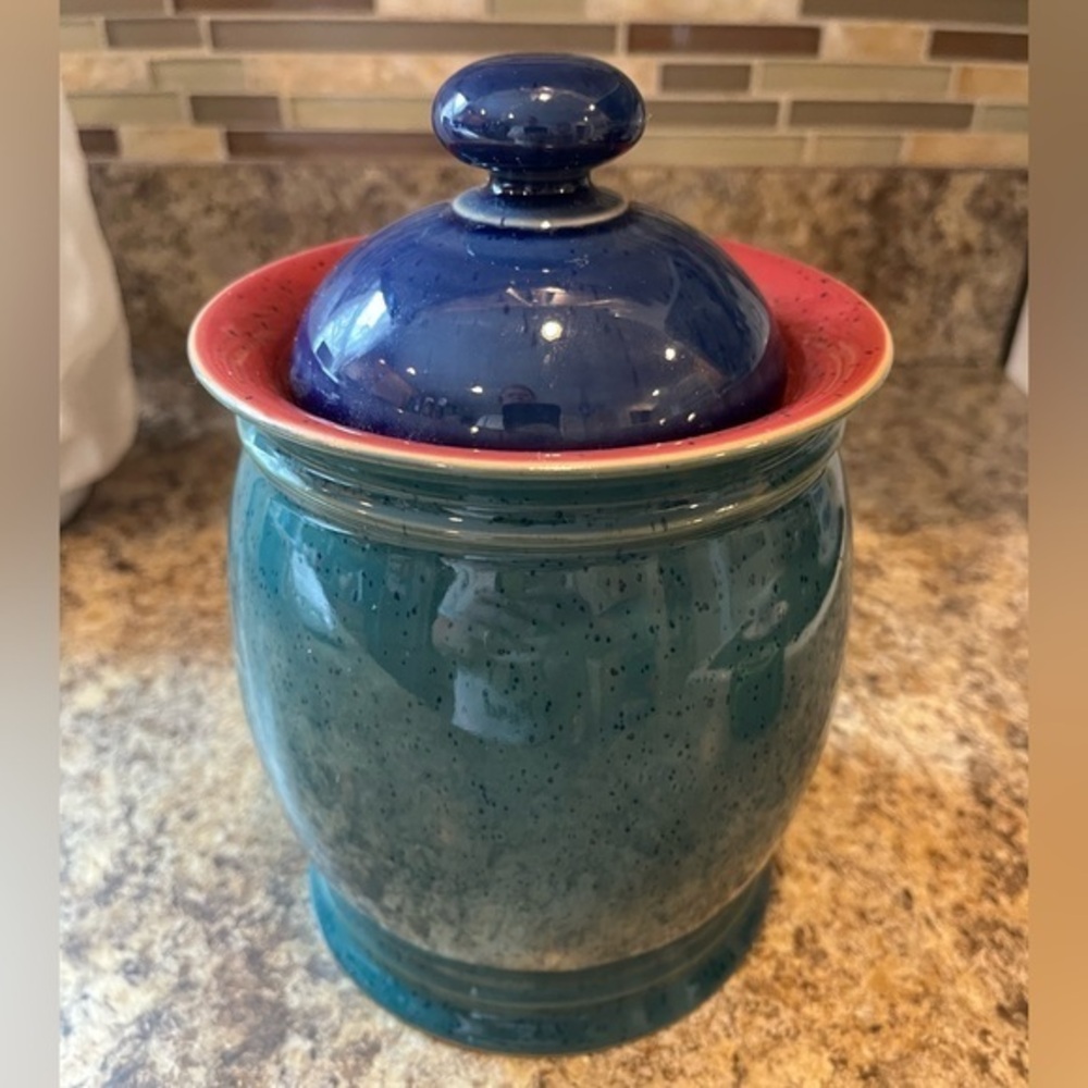 Denby HARLEQUIN 6" Storage Jar Canister England Red Blue Green Speckled
